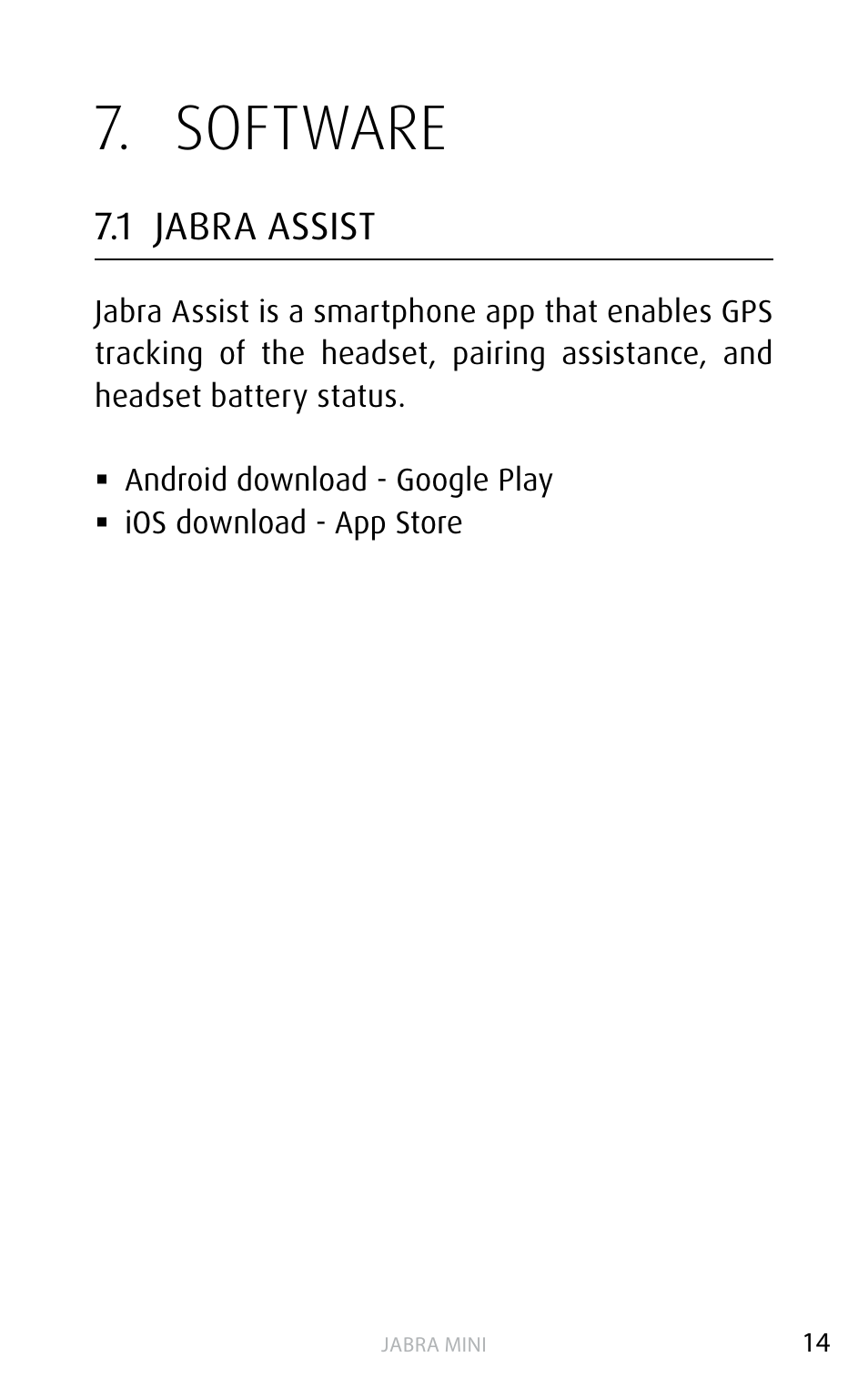Software, 1 jabra assist | Jabra MINI User Manual | Page 14 / 18