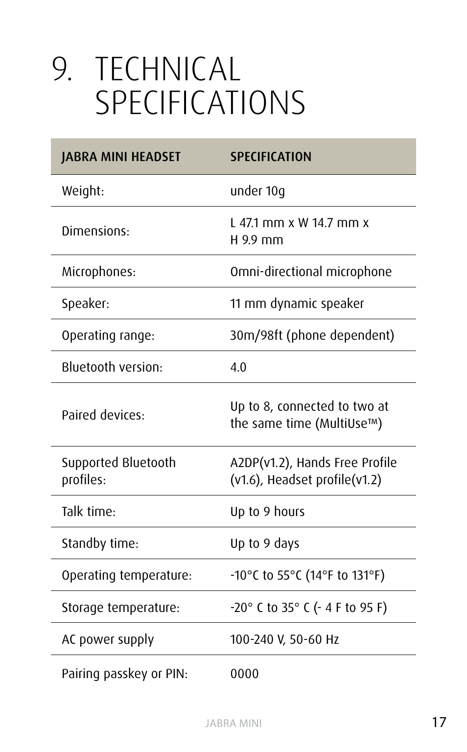 Technical specifications, English | Jabra MINI User Manual | Page 17 / 18