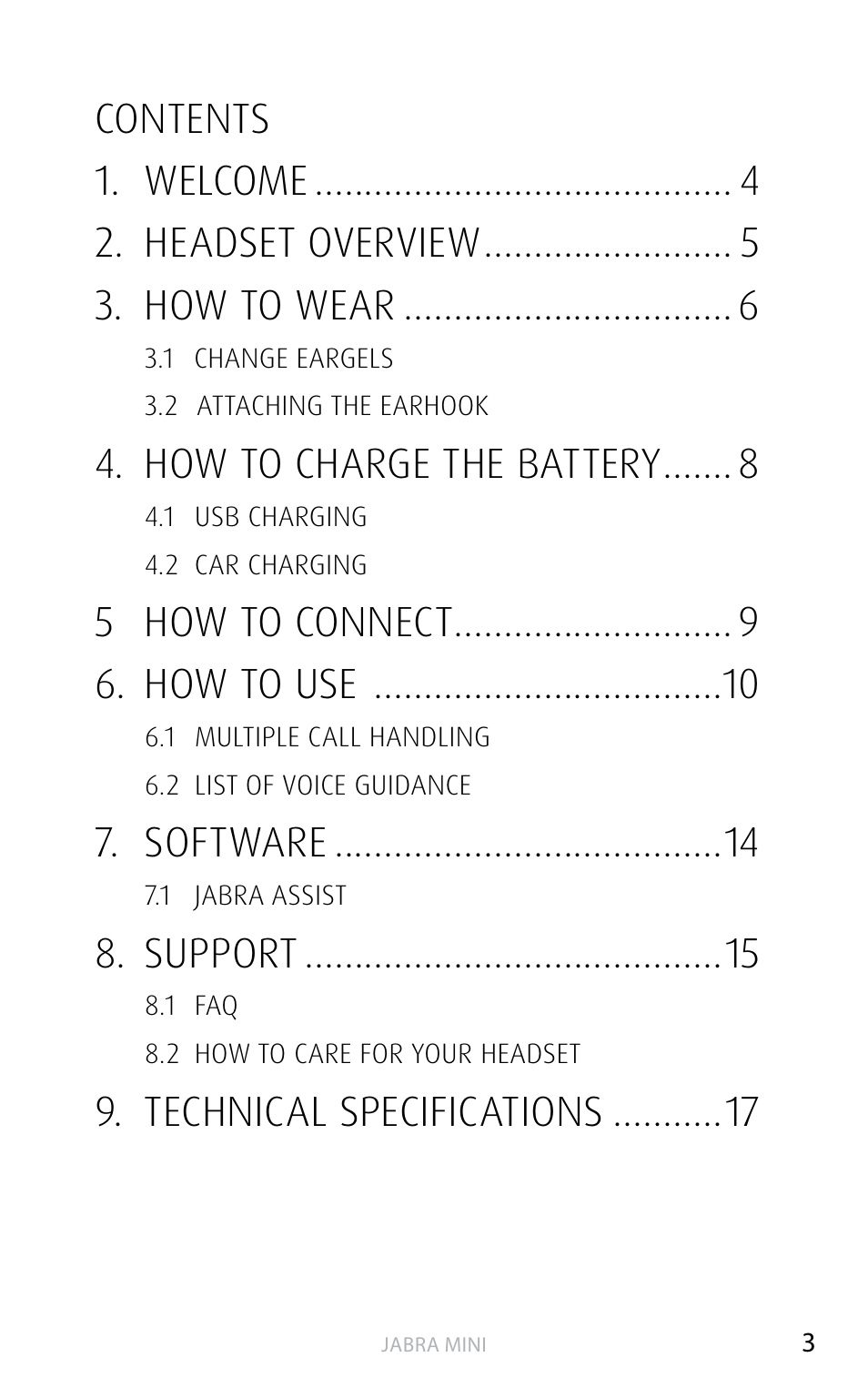 How to charge the battery, 5 how to connect 6. how to use, Software | Support, Technical specifications | Jabra MINI User Manual | Page 3 / 18