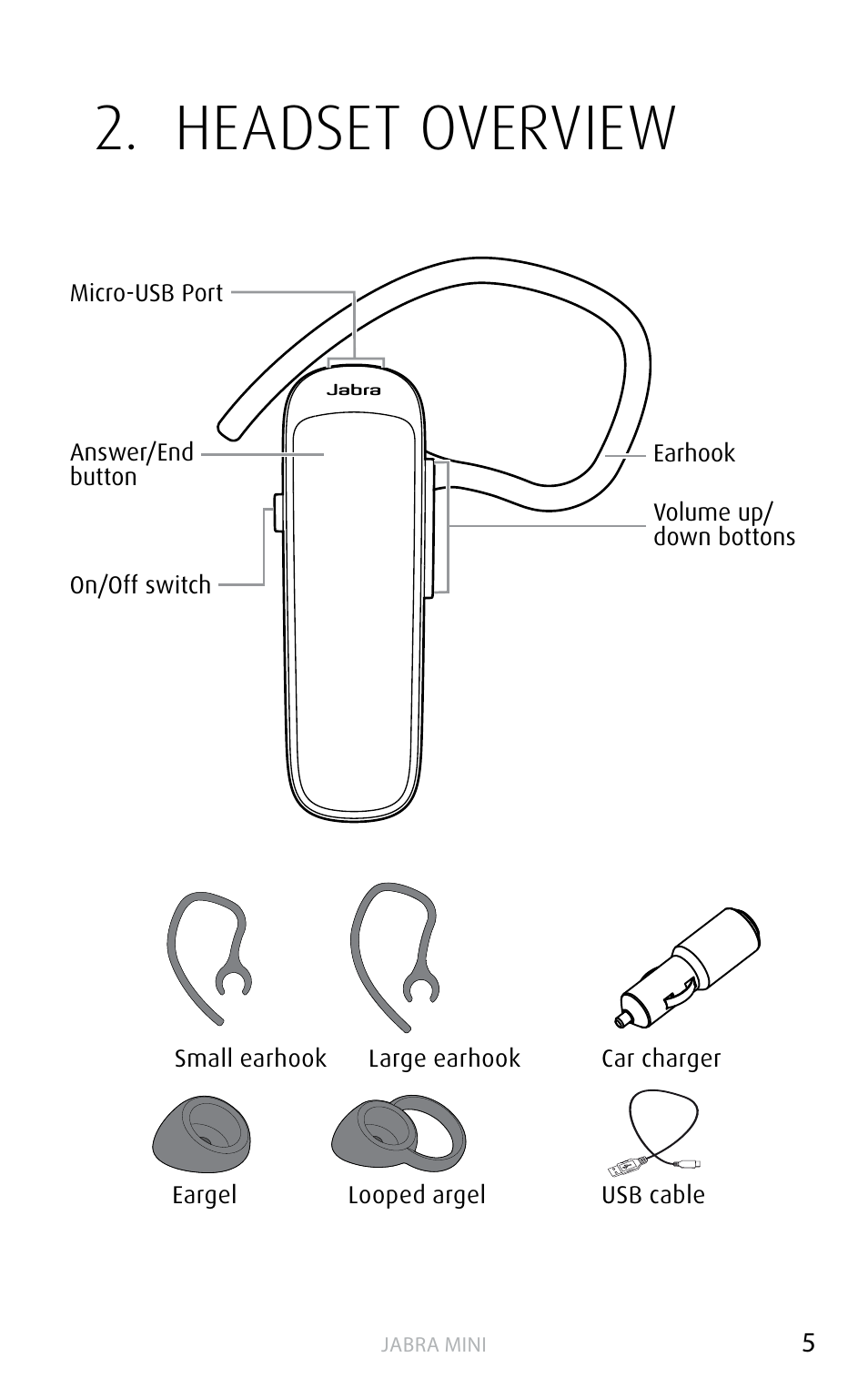 Headset overview, English | Jabra MINI User Manual | Page 5 / 18