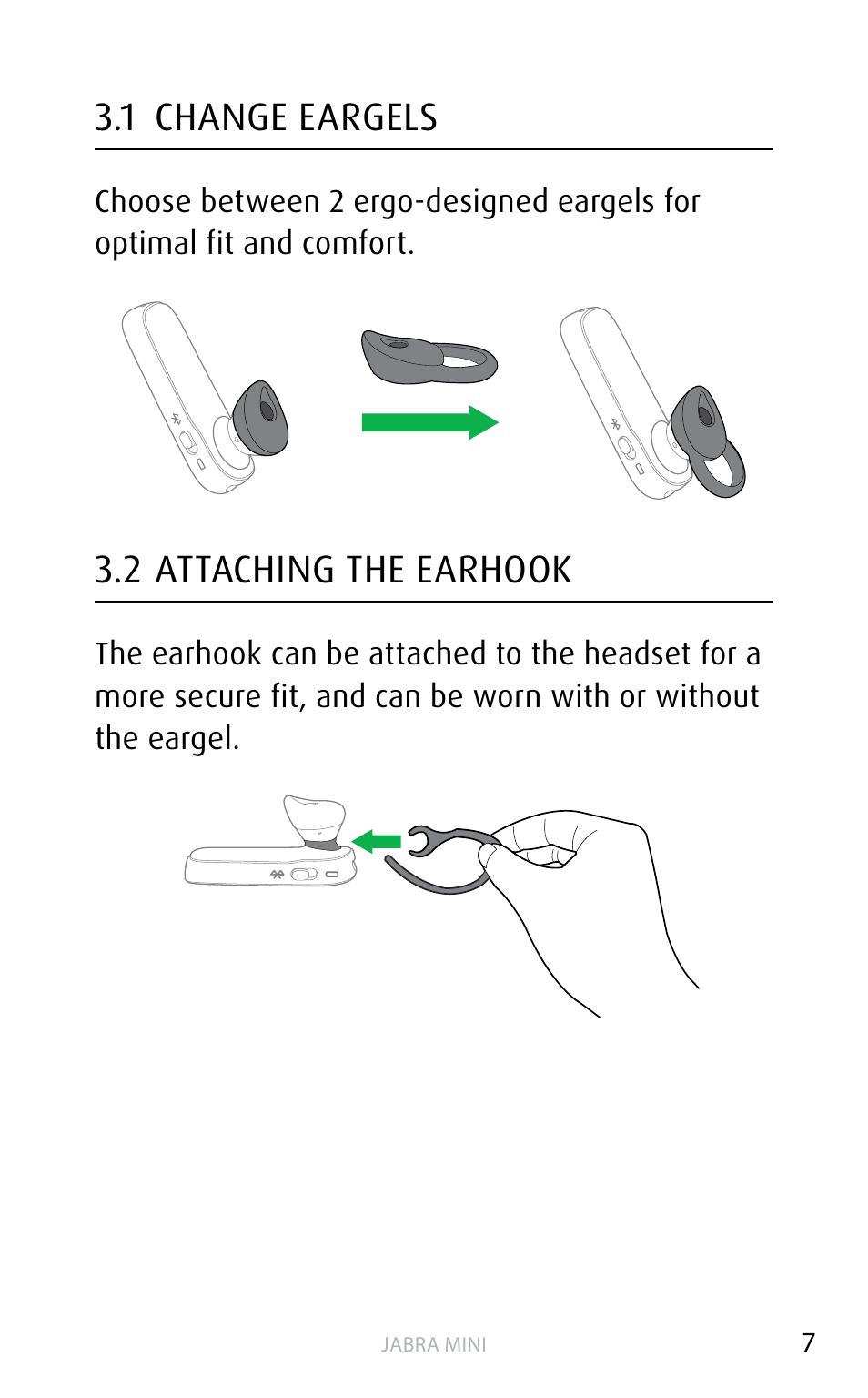 1 change eargels, 2 attaching the earhook | Jabra MINI User Manual | Page 7 / 18