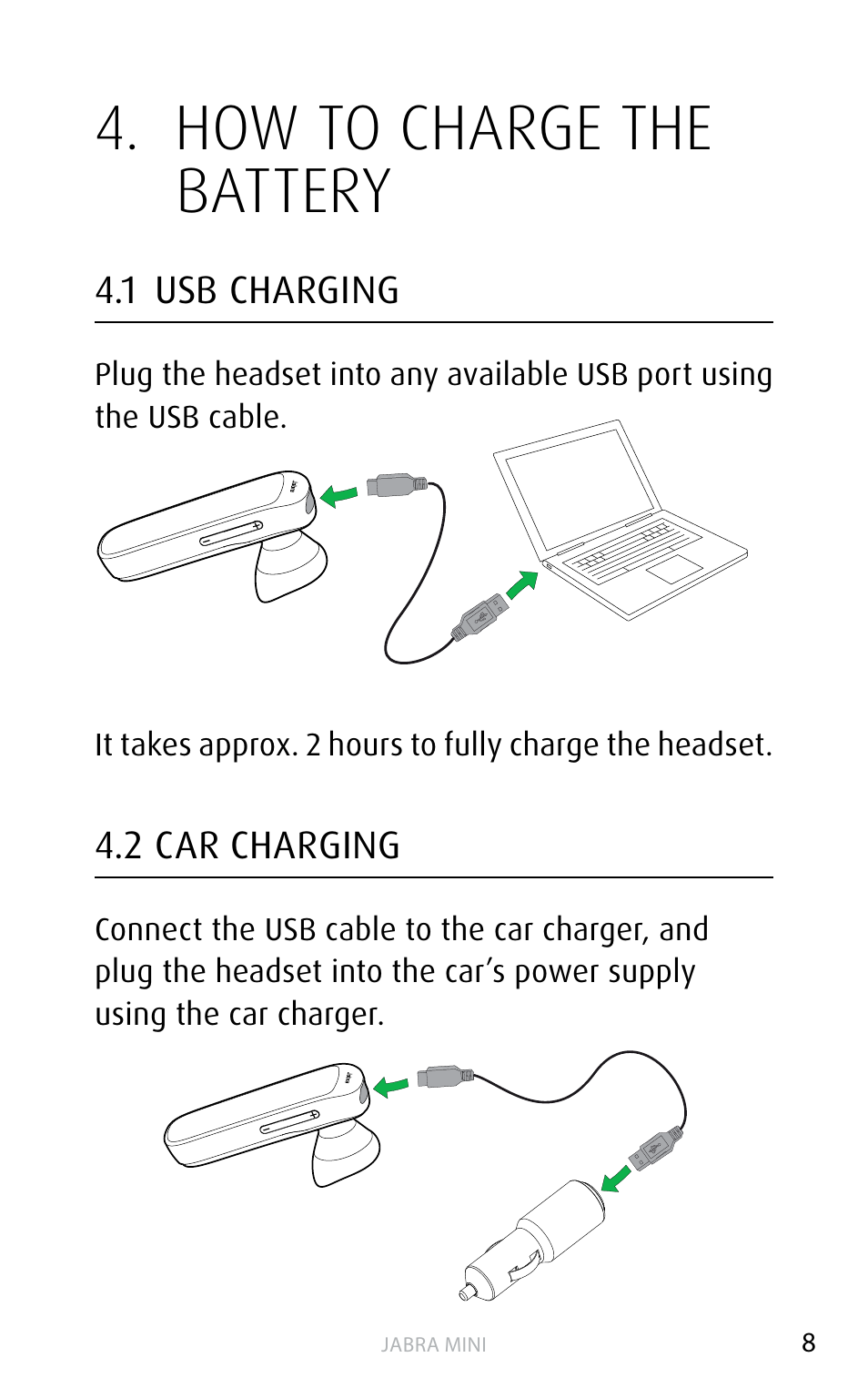 How to charge the battery | Jabra MINI User Manual | Page 8 / 18