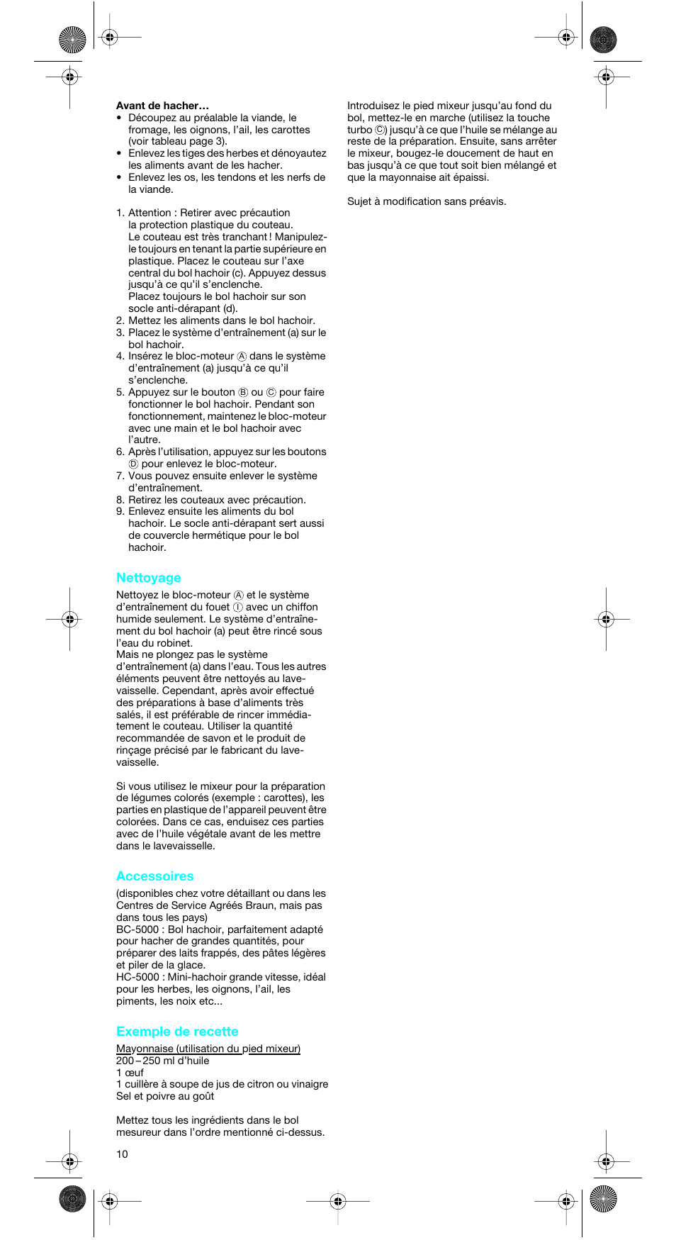 Nettoyage, Accessoires, Exemple de recette | Braun MR 5500 M User Manual | Page 10 / 15