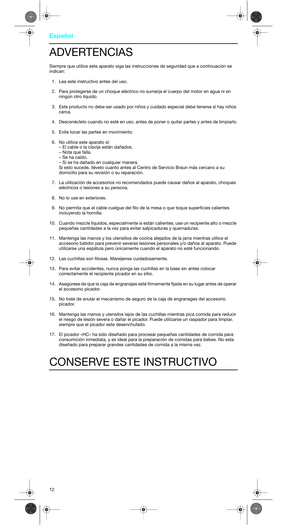 Advertencias, Conserve este instructivo, Español | Braun MR 5500 M User Manual | Page 12 / 15