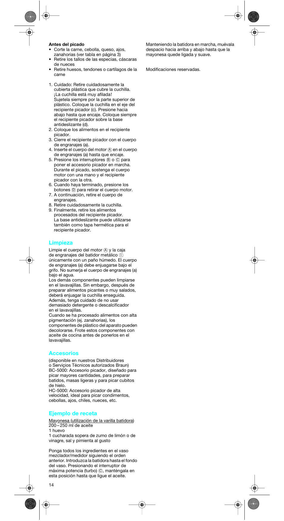 Limpieza, Accesorios, Ejemplo de receta | Braun MR 5500 M User Manual | Page 14 / 15