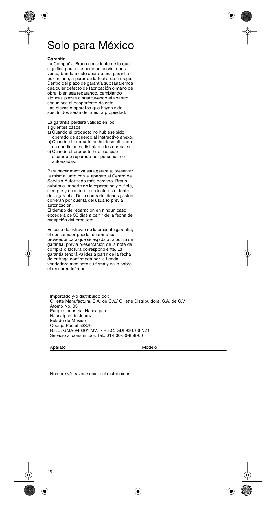 Solo para méxico | Braun MR 5500 M User Manual | Page 15 / 15