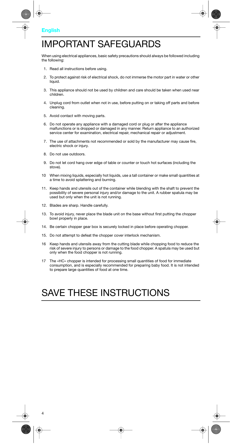 Important safeguards, Save these instructions | Braun MR 5500 M User Manual | Page 4 / 15