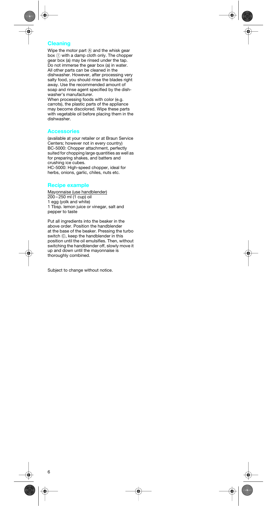 Cleaning, Accessories, Recipe example | Braun MR 5500 M User Manual | Page 6 / 15