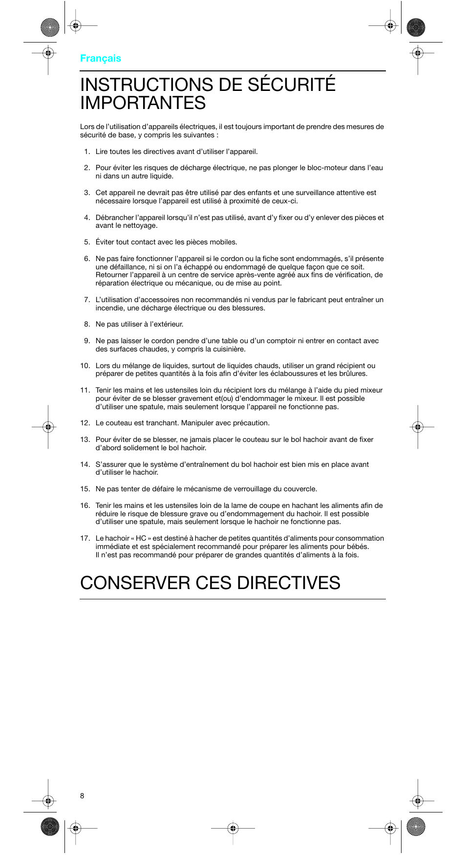 Instructions de sécurité importantes, Conserver ces directives, Français | Braun MR 5500 M User Manual | Page 8 / 15