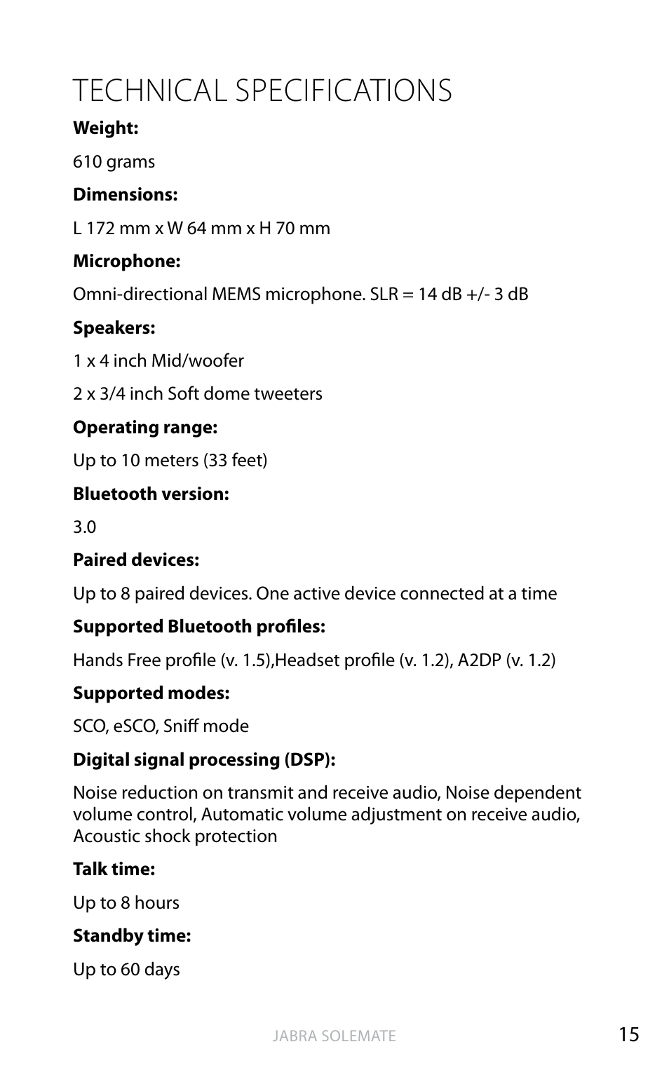 Technical specifications, English | Jabra SOLEMATE User Manual | Page 16 / 18