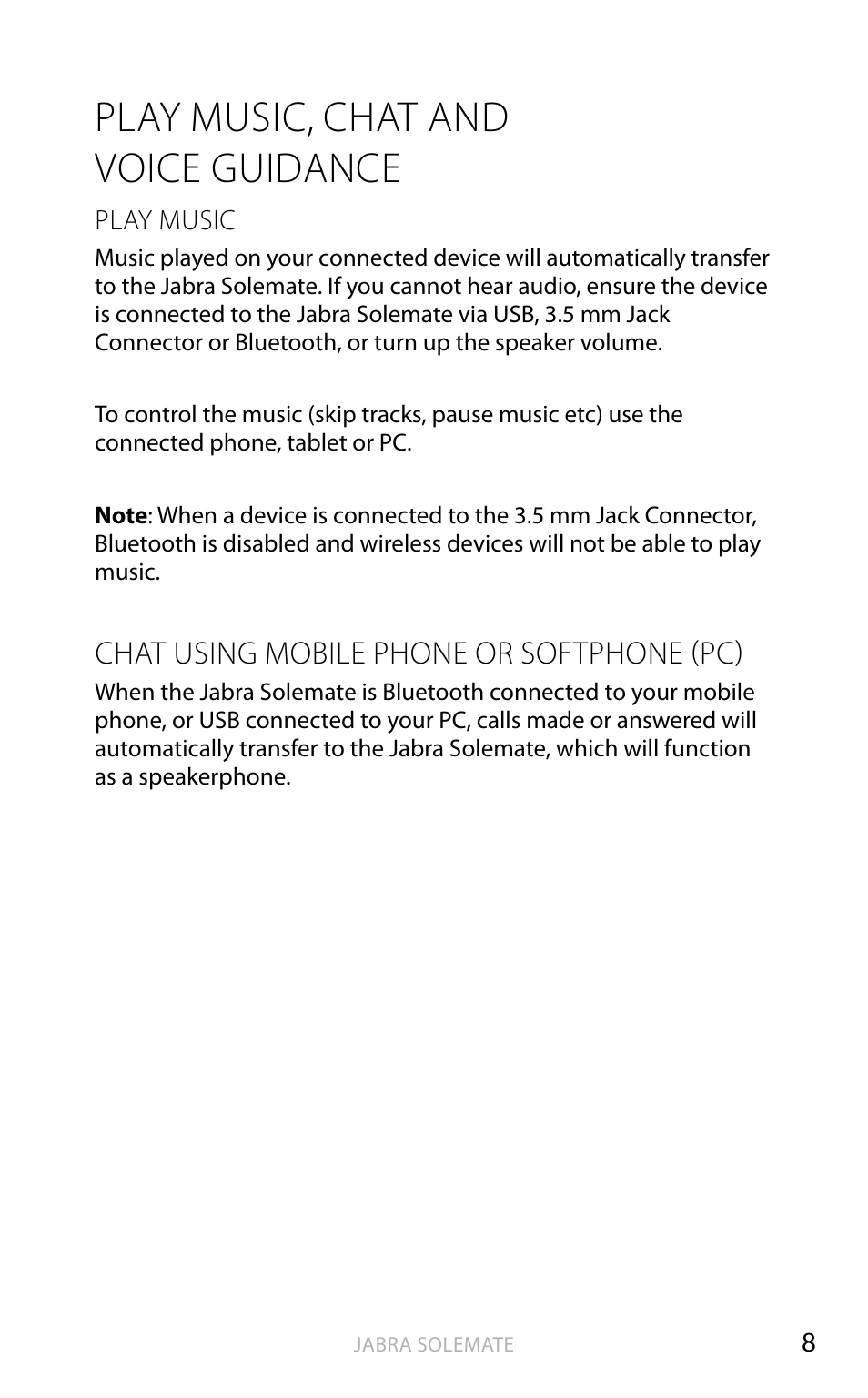 Play music, chat and voice guidance, English, Chat using mobile phone or softphone (pc) | Jabra SOLEMATE User Manual | Page 9 / 18