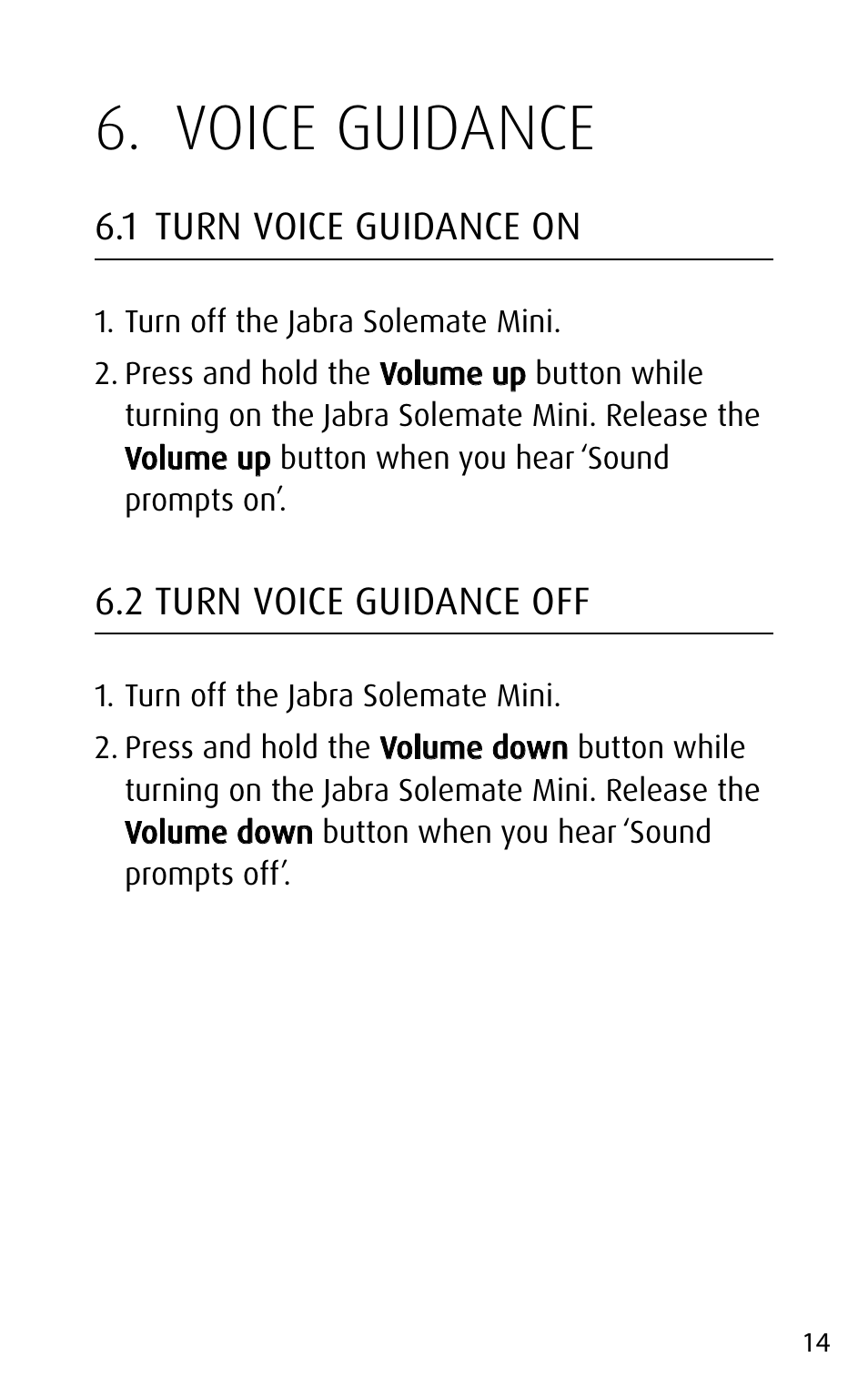 Voice guidance, 1 turn voice guidance on, 2 turn voice guidance off | Jabra SOLEMATE mini User Manual | Page 14 / 20