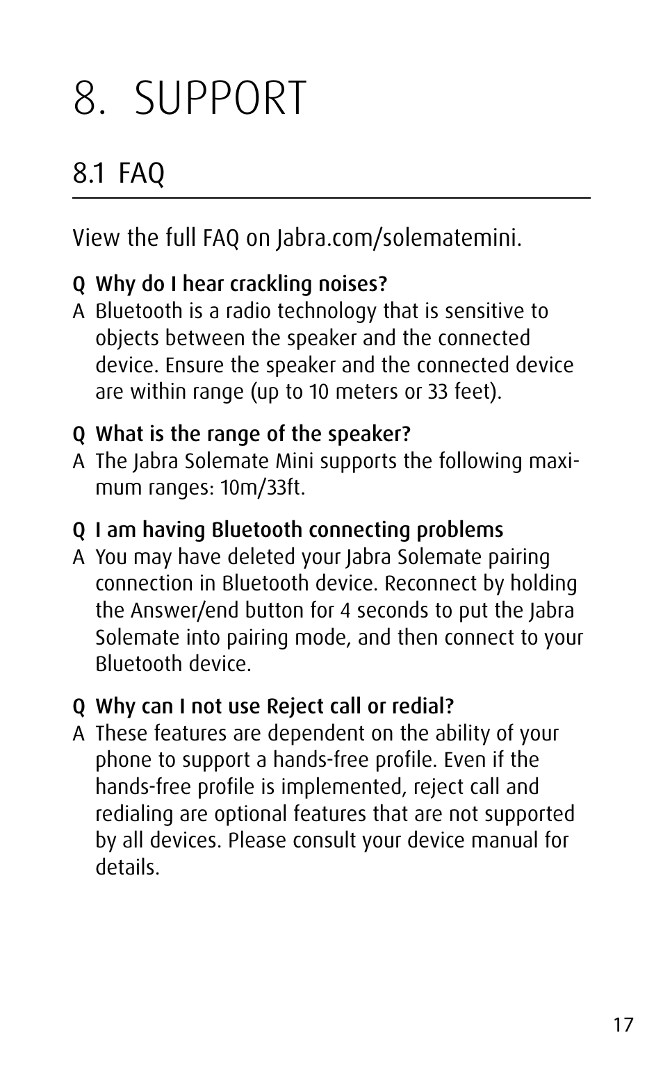 Support, 1 faq, English | Jabra SOLEMATE mini User Manual | Page 17 / 20