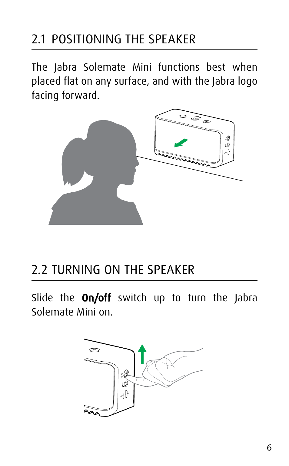 1 positioning the speaker, 2 turning on the speaker | Jabra SOLEMATE mini User Manual | Page 6 / 20