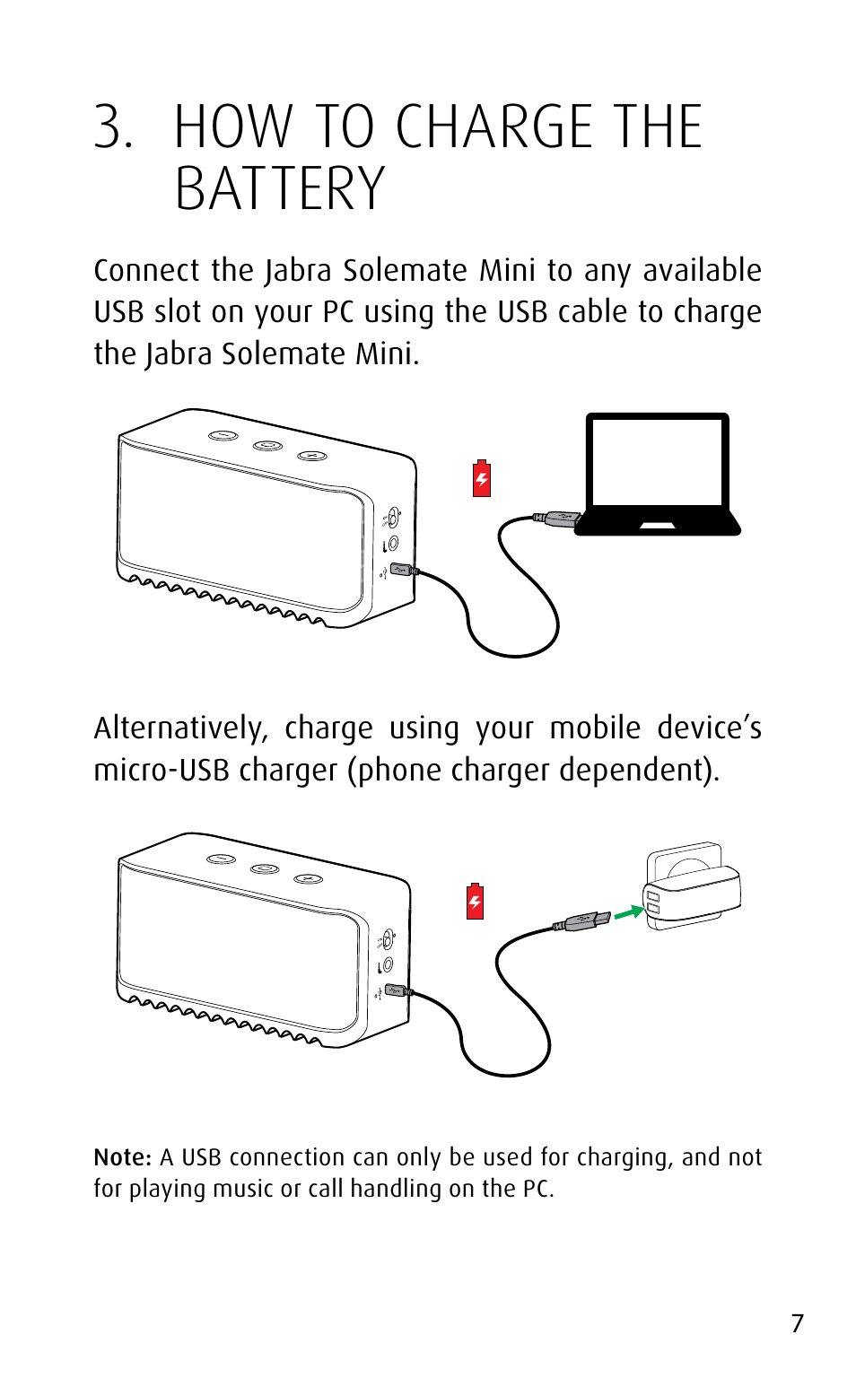 How to charge the battery | Jabra SOLEMATE mini User Manual | Page 7 / 20