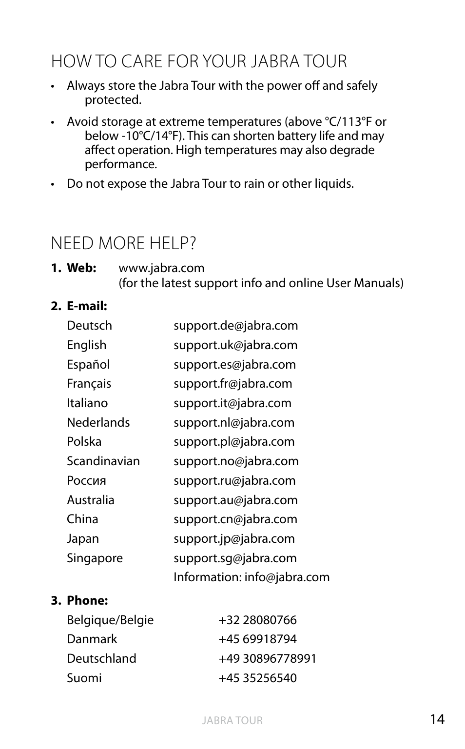 English, How to care for your jabra tour, Need more help | Jabra TOUR User Manual | Page 15 / 19