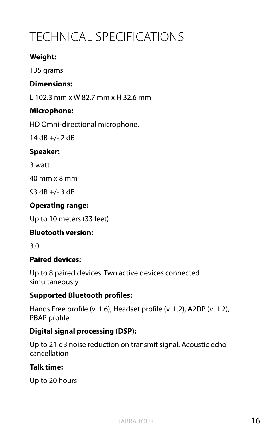 Technical specifications, English | Jabra TOUR User Manual | Page 17 / 19