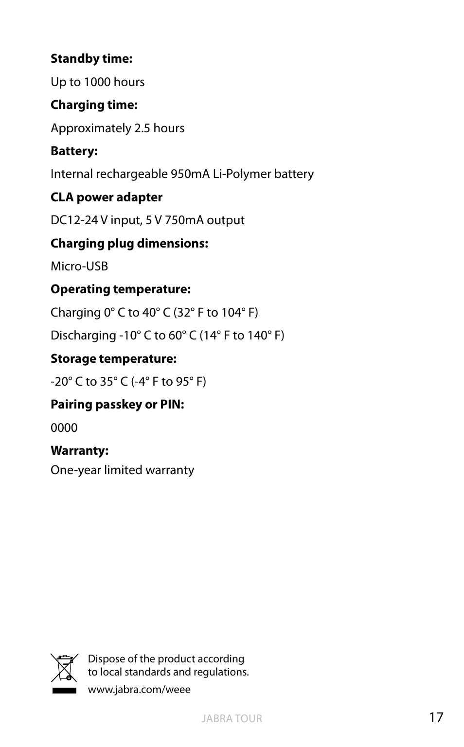 English | Jabra TOUR User Manual | Page 18 / 19