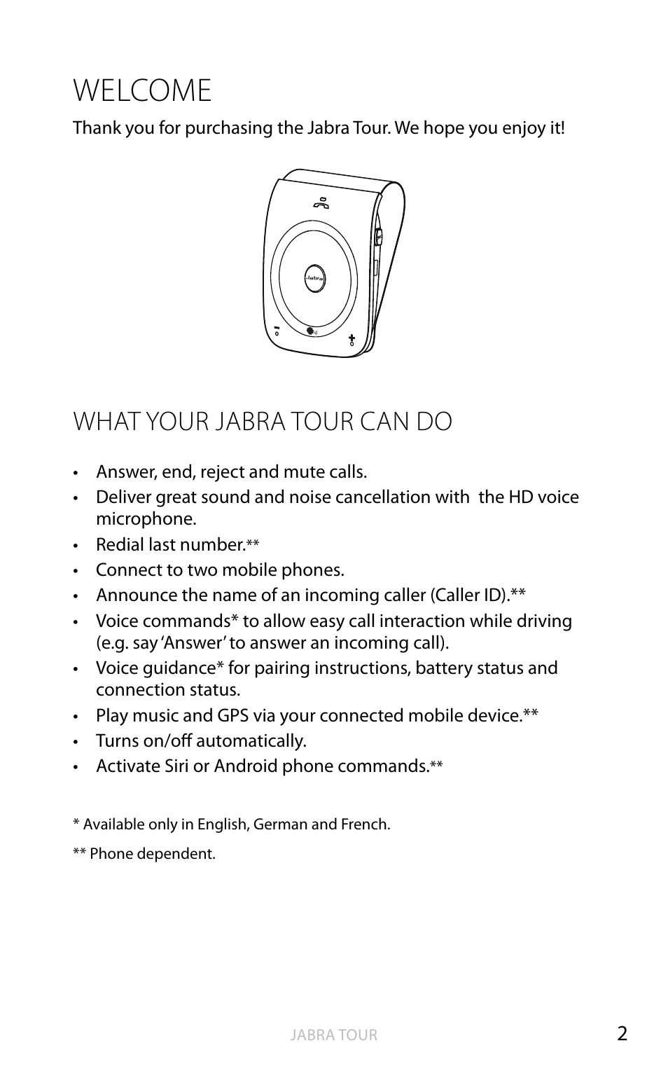 Thank you, About your jabra easygo, Welcome | English, What your jabra tour can do | Jabra TOUR User Manual | Page 3 / 19