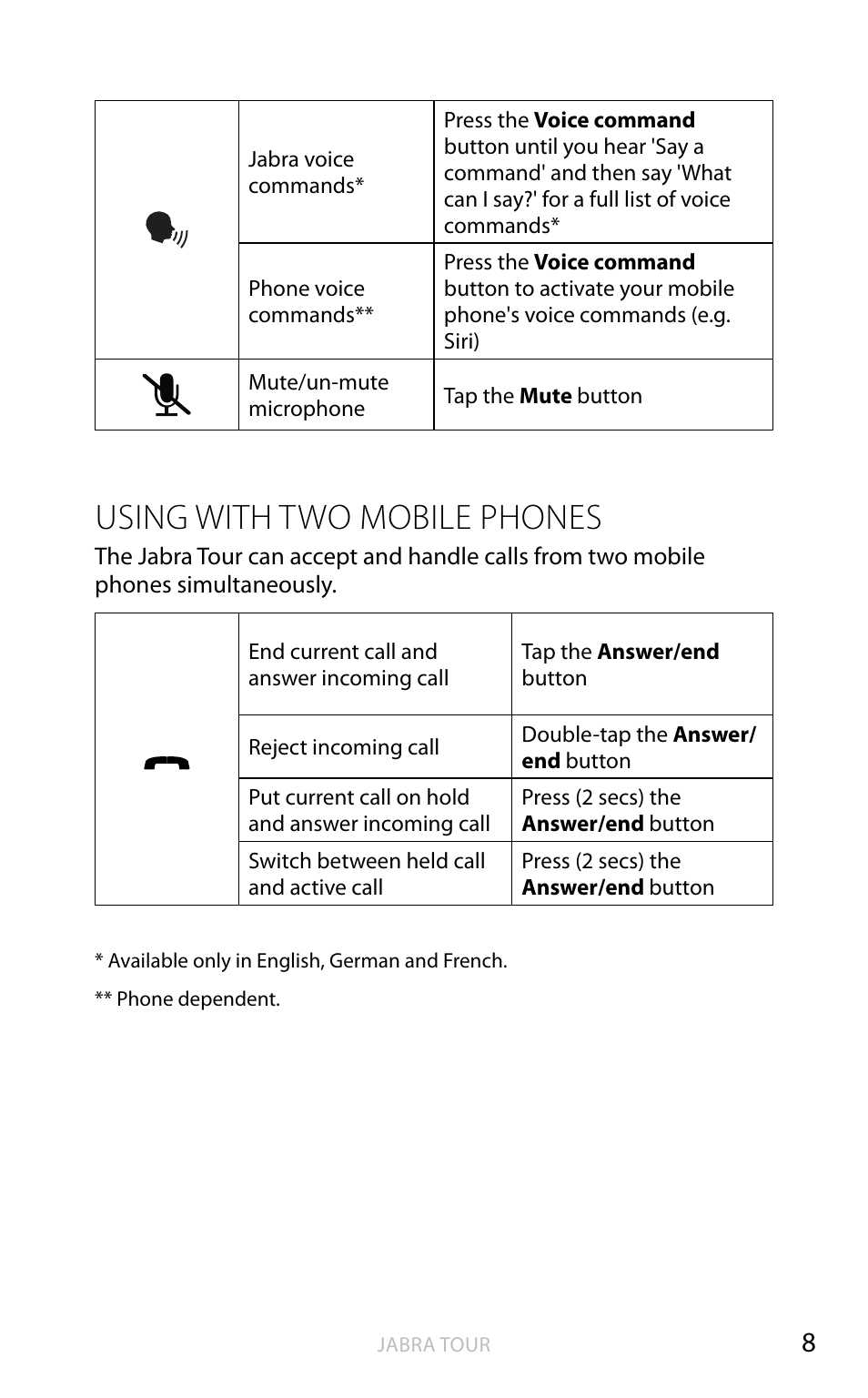 English, Using with two mobile phones | Jabra TOUR User Manual | Page 9 / 19