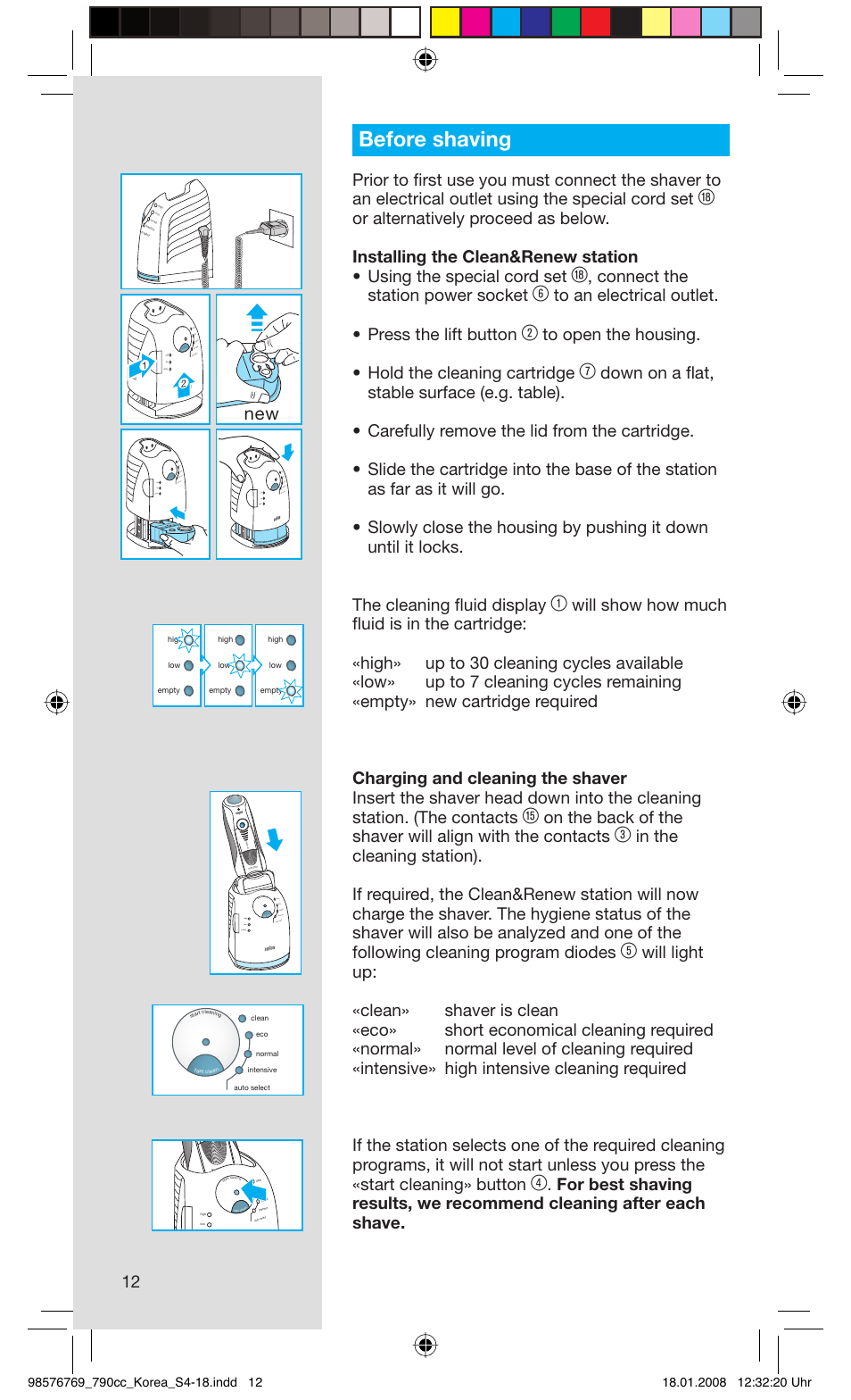 Before shaving, Connect the station power socket, Fast clean high clean | St cle an, Leaning, Rese t | Braun 790CC User Manual | Page 12 / 17