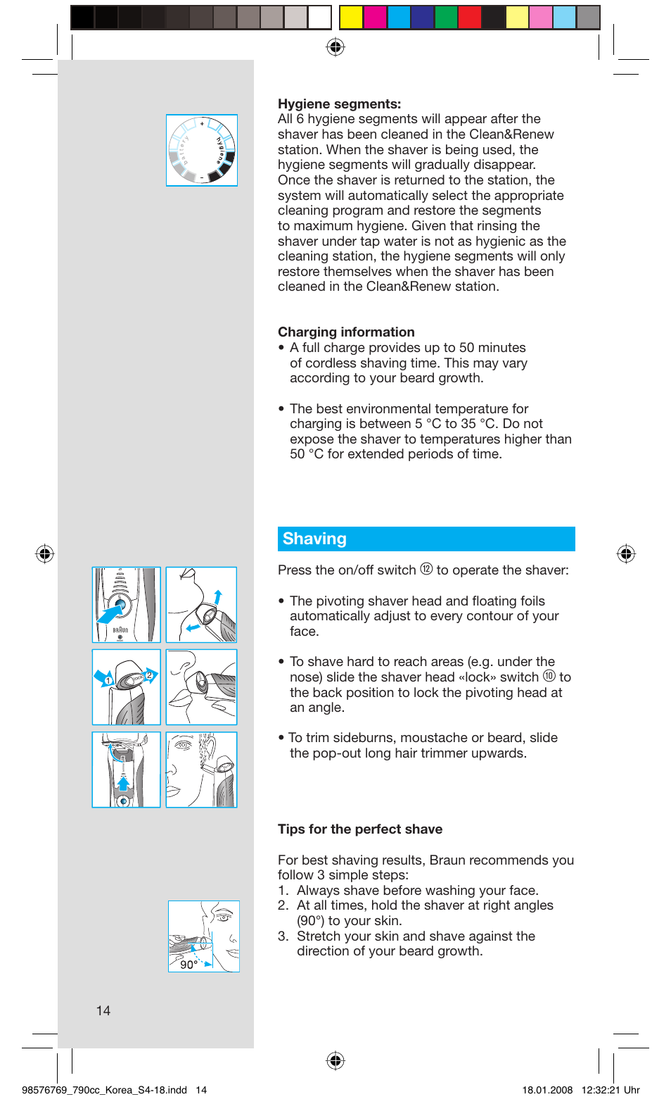 Shaving, Press the on/off switch | Braun 790CC User Manual | Page 14 / 17