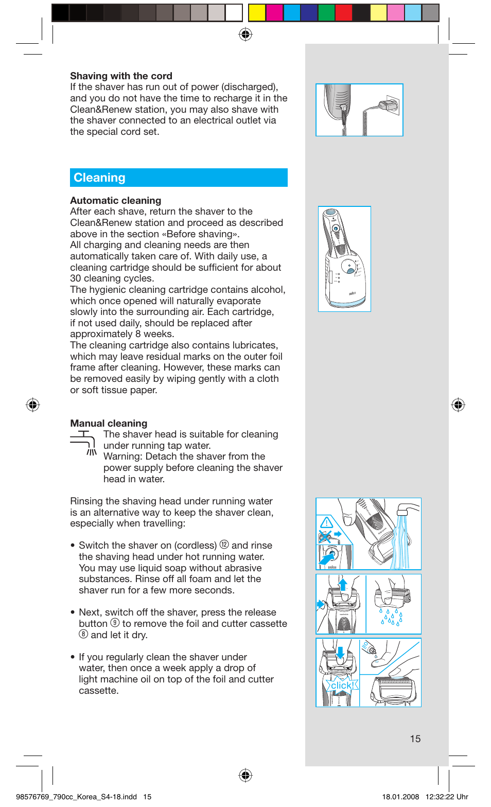 Cleaning, Click, Rese t | Braun 790CC User Manual | Page 15 / 17