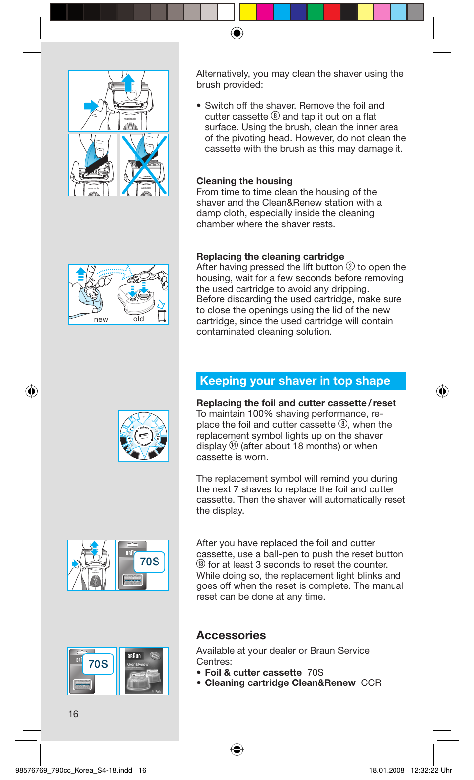 Keeping your shaver in top shape, Accessories | Braun 790CC User Manual | Page 16 / 17
