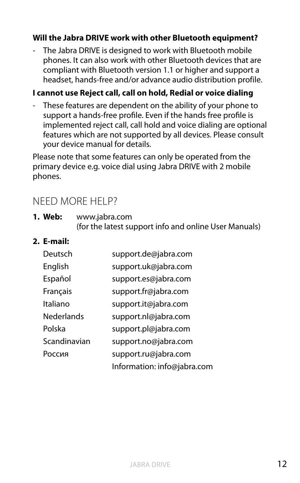 Need more help, English | Jabra DRIVE User Manual | Page 13 / 16