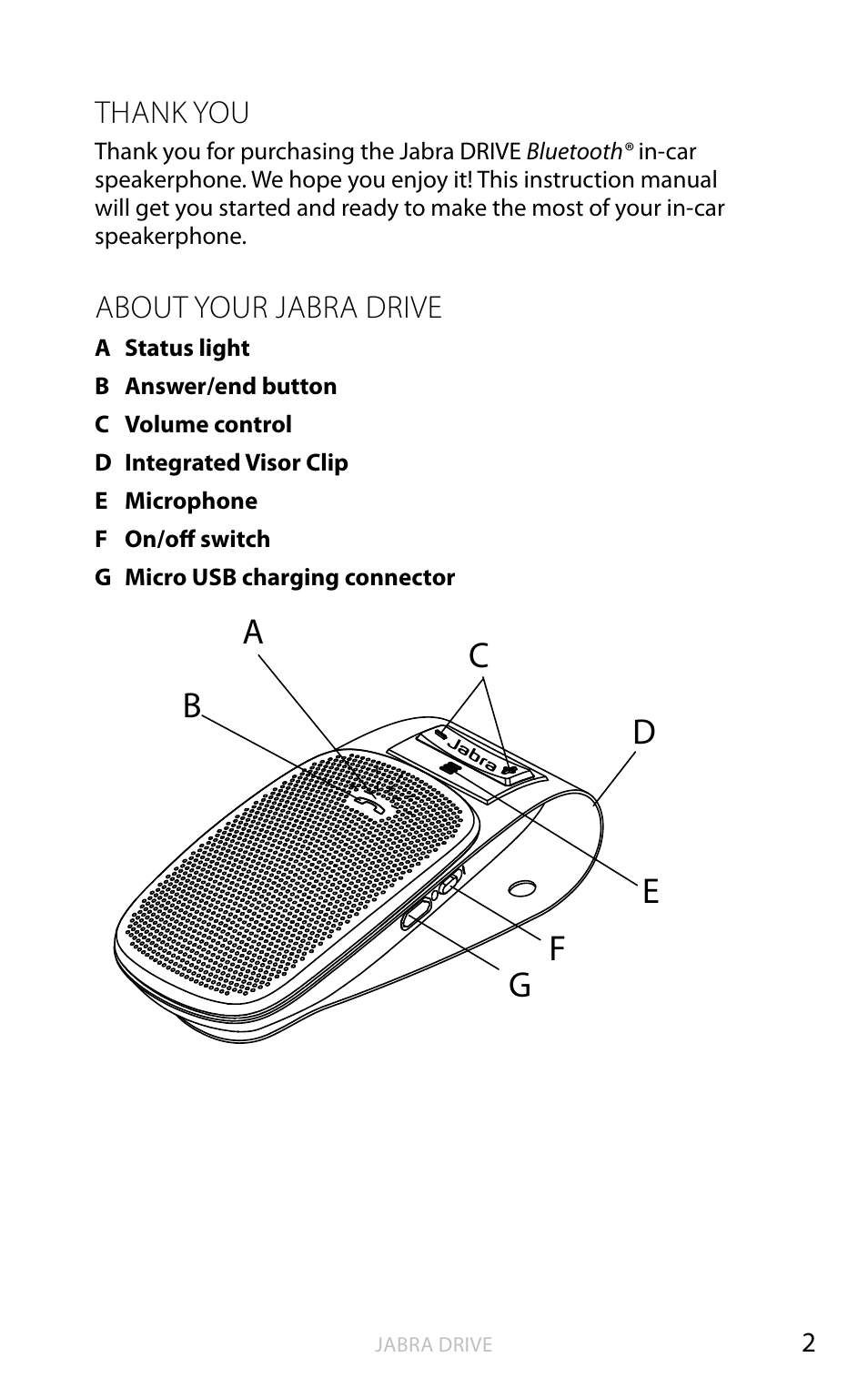 Thank you, About your jabra drive, English | Jabra DRIVE User Manual | Page 3 / 16