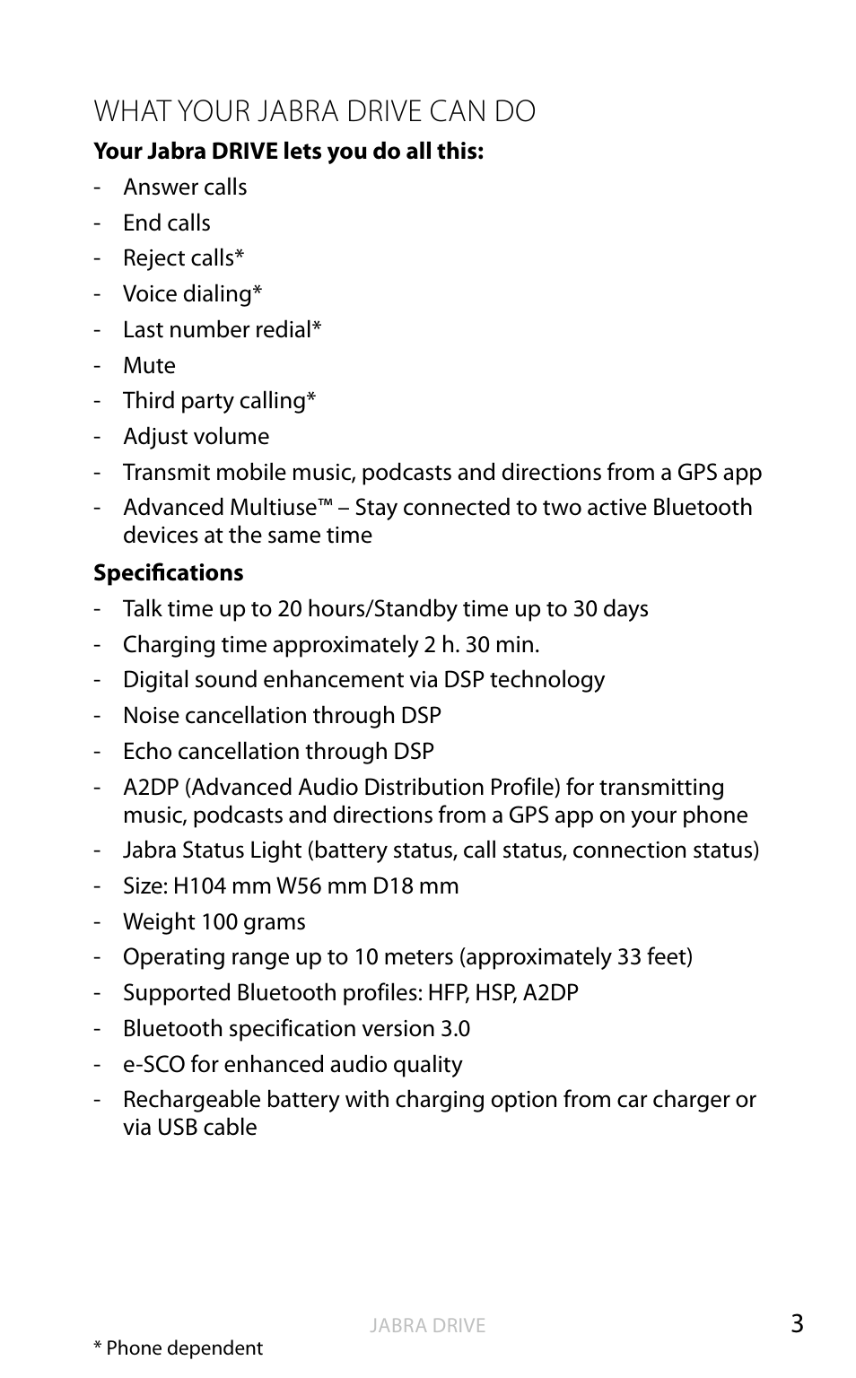 What your jabra drive can do, English | Jabra DRIVE User Manual | Page 4 / 16