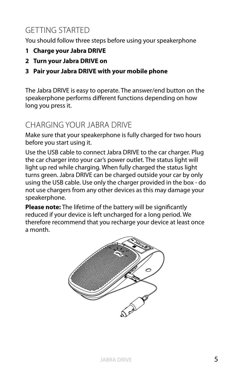Getting started, Charging your jabra drive, English | Jabra DRIVE User Manual | Page 6 / 16