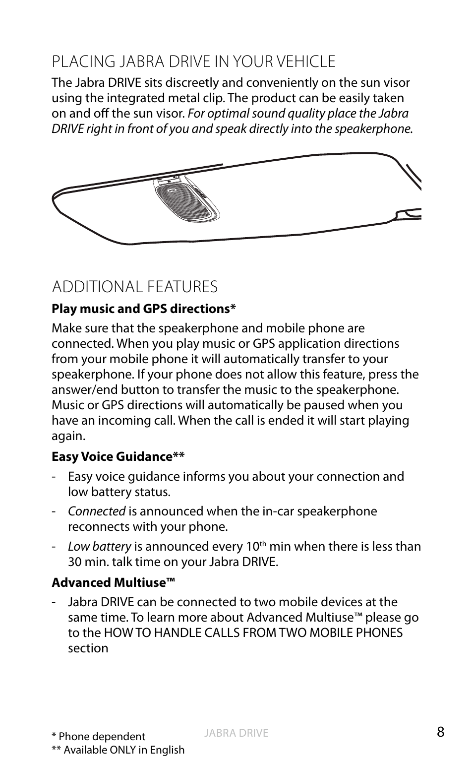 Placing jabra drive in your vehicle, Additional features, English | Jabra DRIVE User Manual | Page 9 / 16