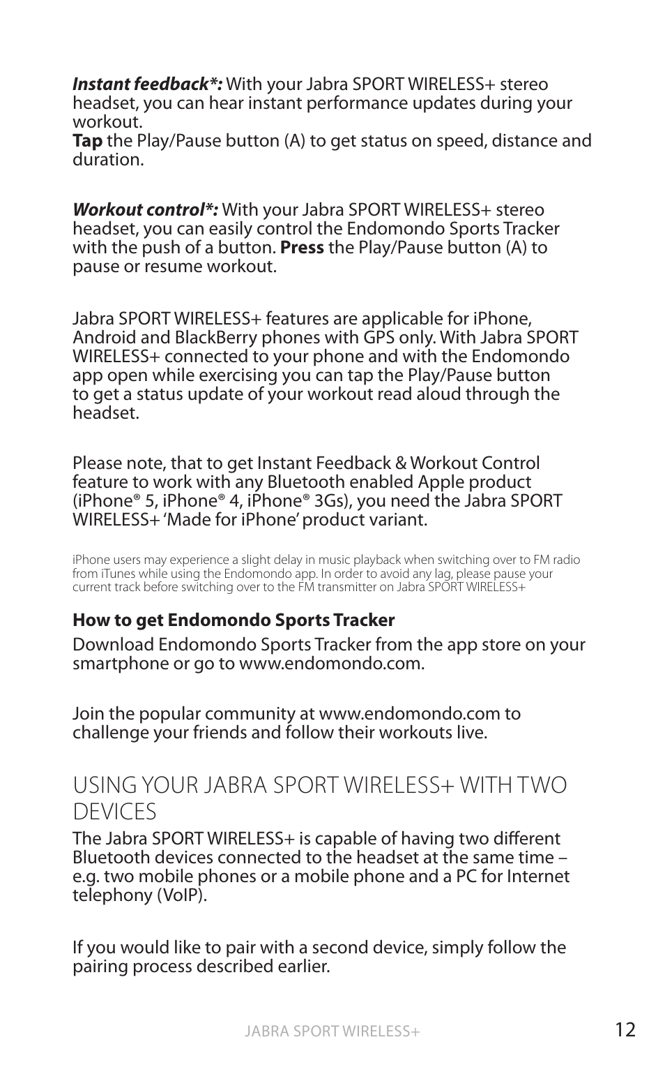 Using your jabra sport wireless+ with two devices | Jabra SPORT WIRELESS+ User Manual | Page 13 / 17