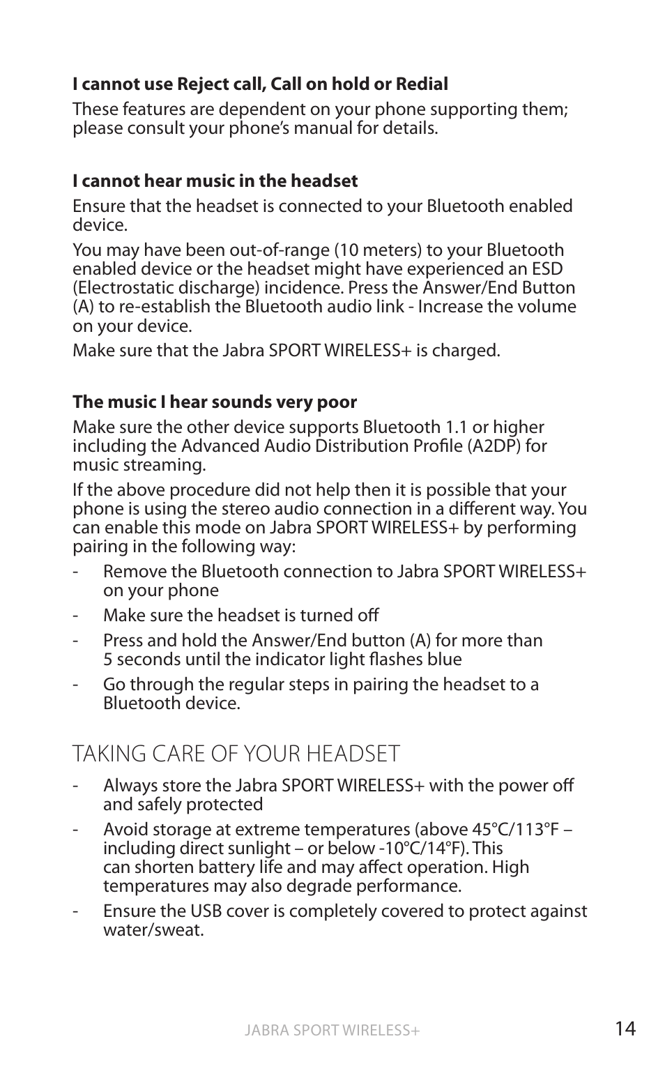 Taking care of your headset | Jabra SPORT WIRELESS+ User Manual | Page 15 / 17