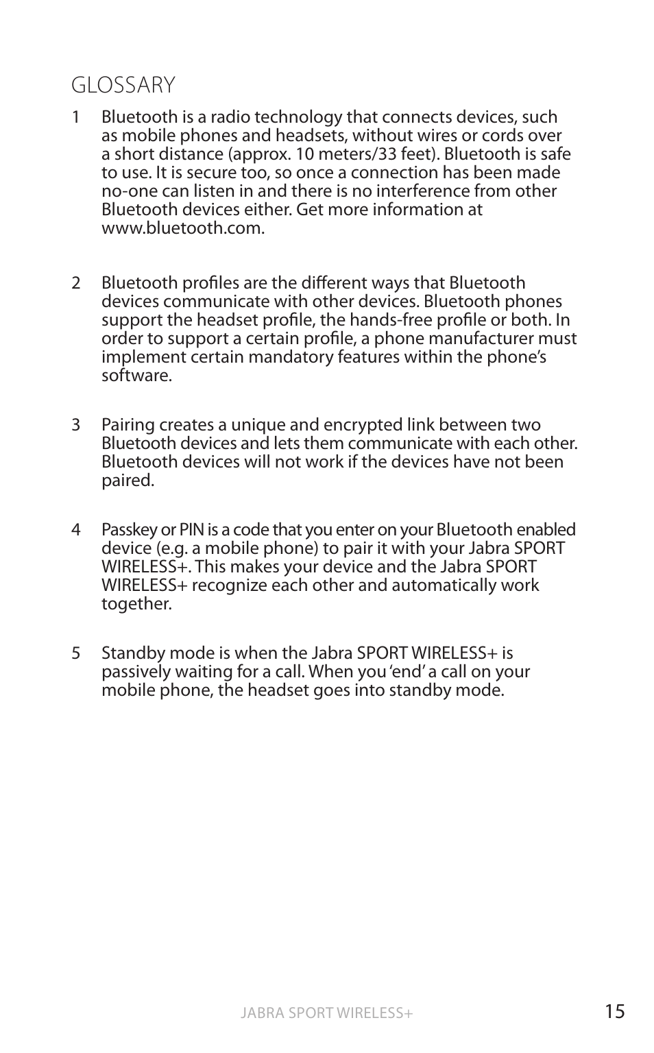 Glossary | Jabra SPORT WIRELESS+ User Manual | Page 16 / 17