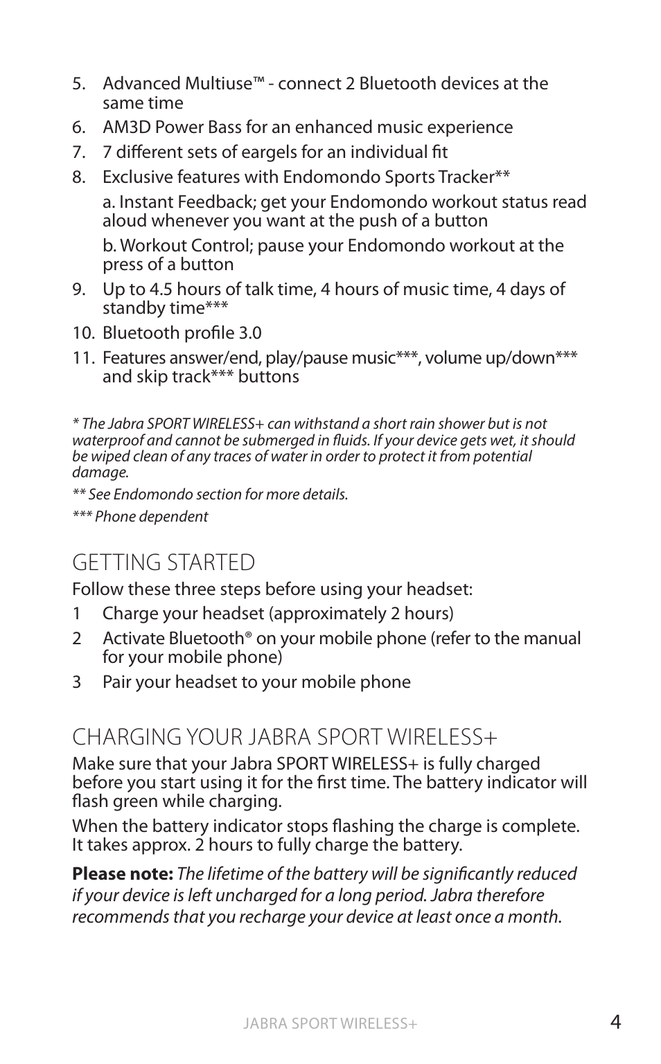 Getting started, Charging your jabra sport wireless | Jabra SPORT WIRELESS+ User Manual | Page 5 / 17