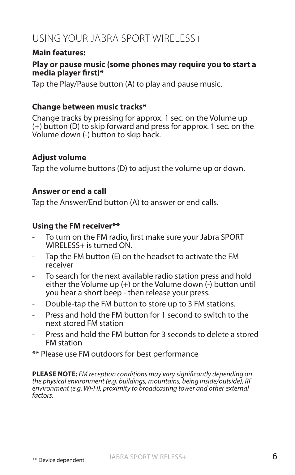 Using your jabra sport wireless | Jabra SPORT WIRELESS+ User Manual | Page 7 / 17