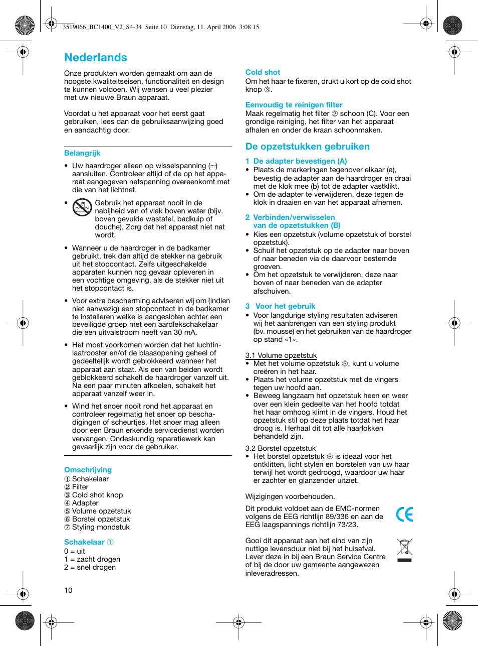 Nederlands | Braun BC1400 V2 User Manual | Page 10 / 34