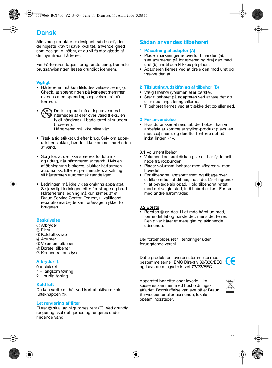 Dansk | Braun BC1400 V2 User Manual | Page 11 / 34