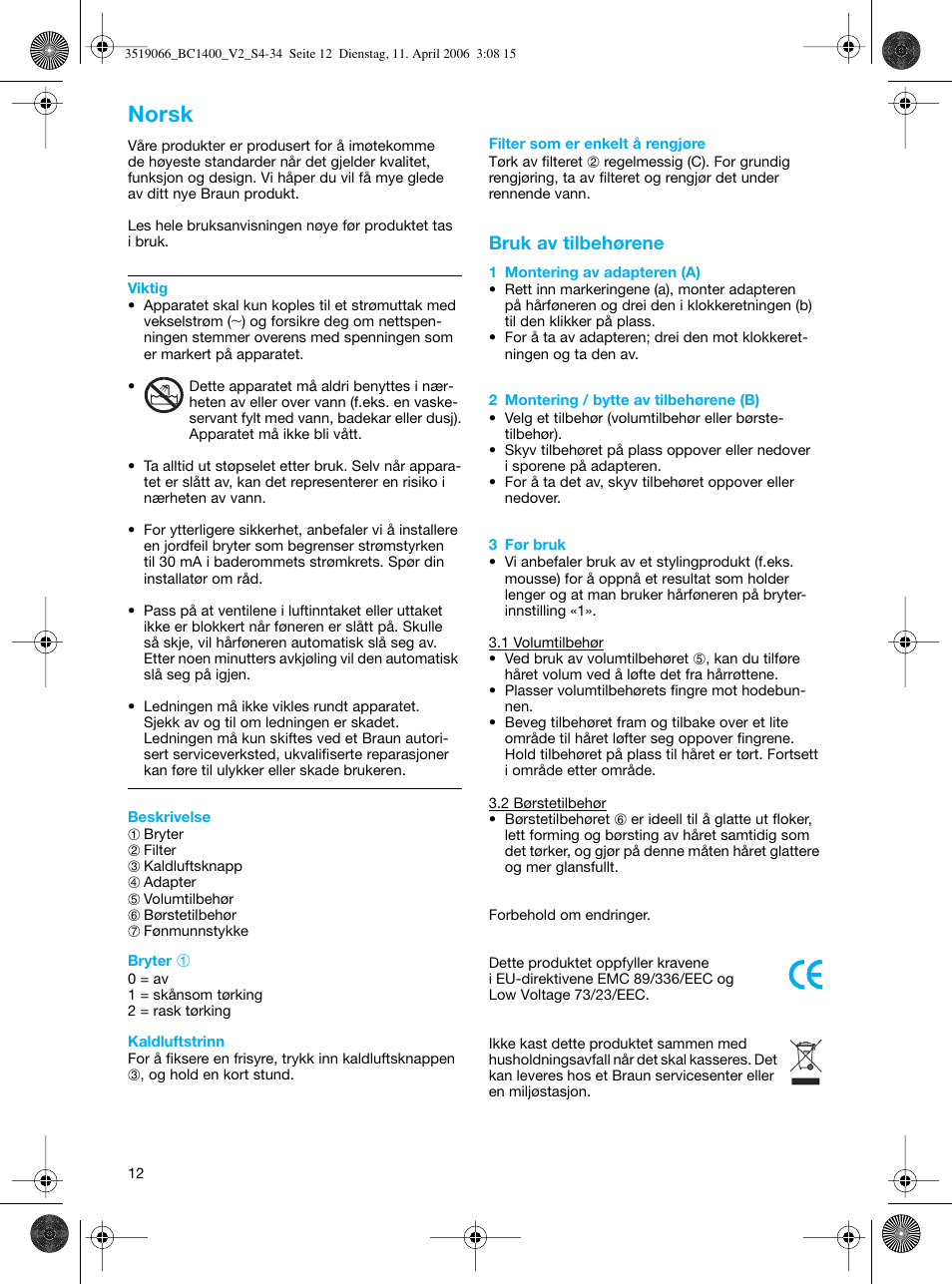 Norsk | Braun BC1400 V2 User Manual | Page 12 / 34