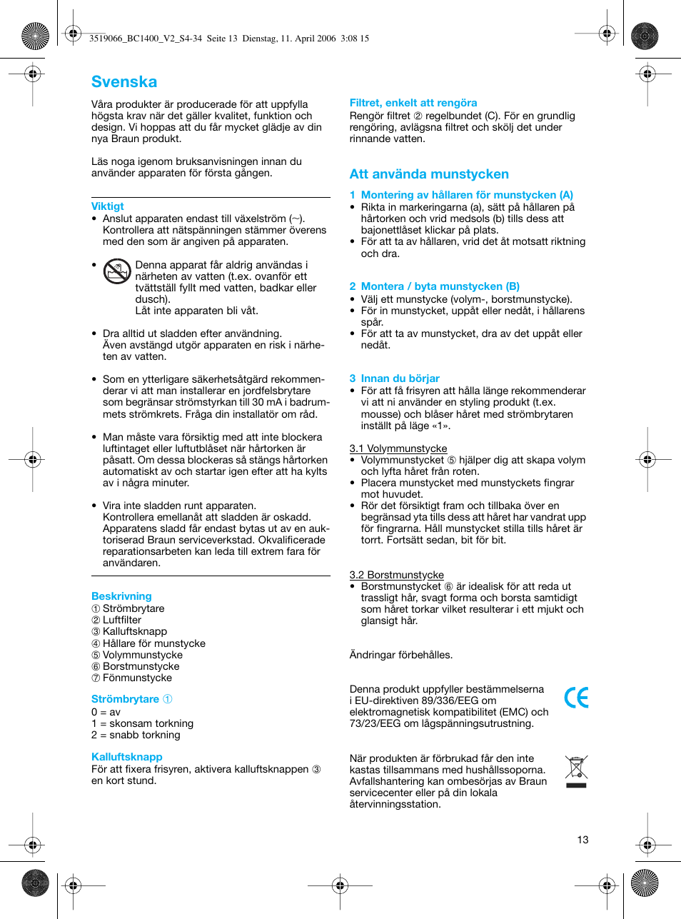 Svenska | Braun BC1400 V2 User Manual | Page 13 / 34