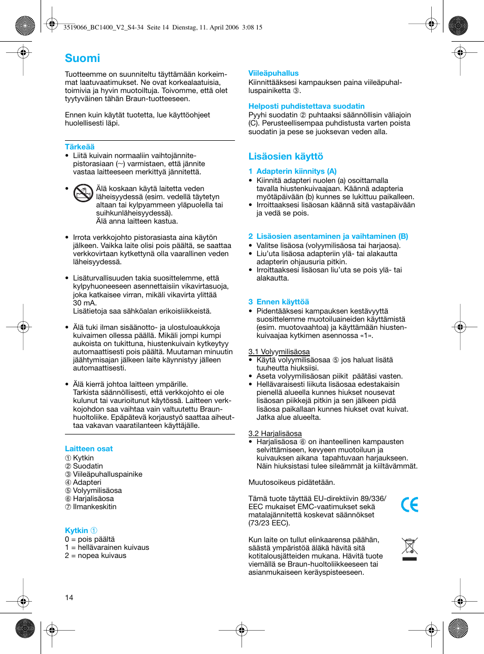 Suomi | Braun BC1400 V2 User Manual | Page 14 / 34