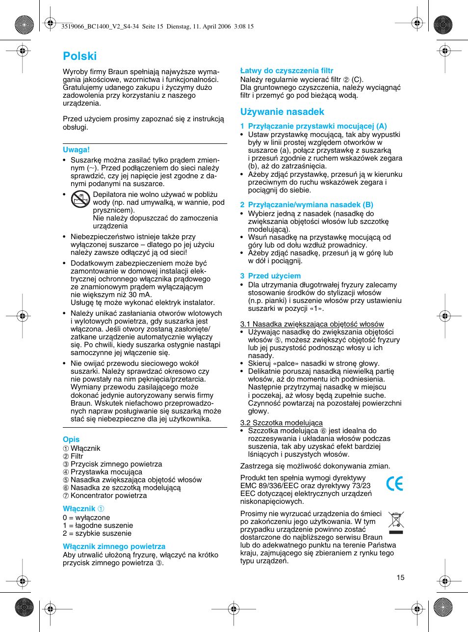 Polski | Braun BC1400 V2 User Manual | Page 15 / 34