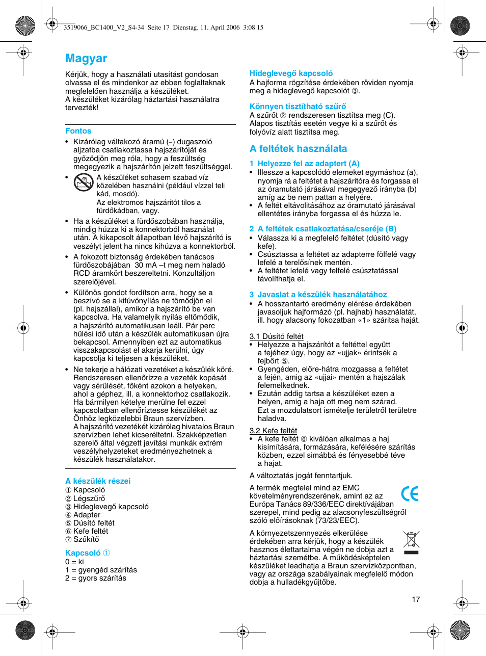 Magyar | Braun BC1400 V2 User Manual | Page 17 / 34