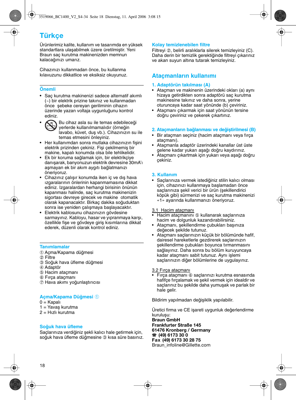 Türkçe | Braun BC1400 V2 User Manual | Page 18 / 34