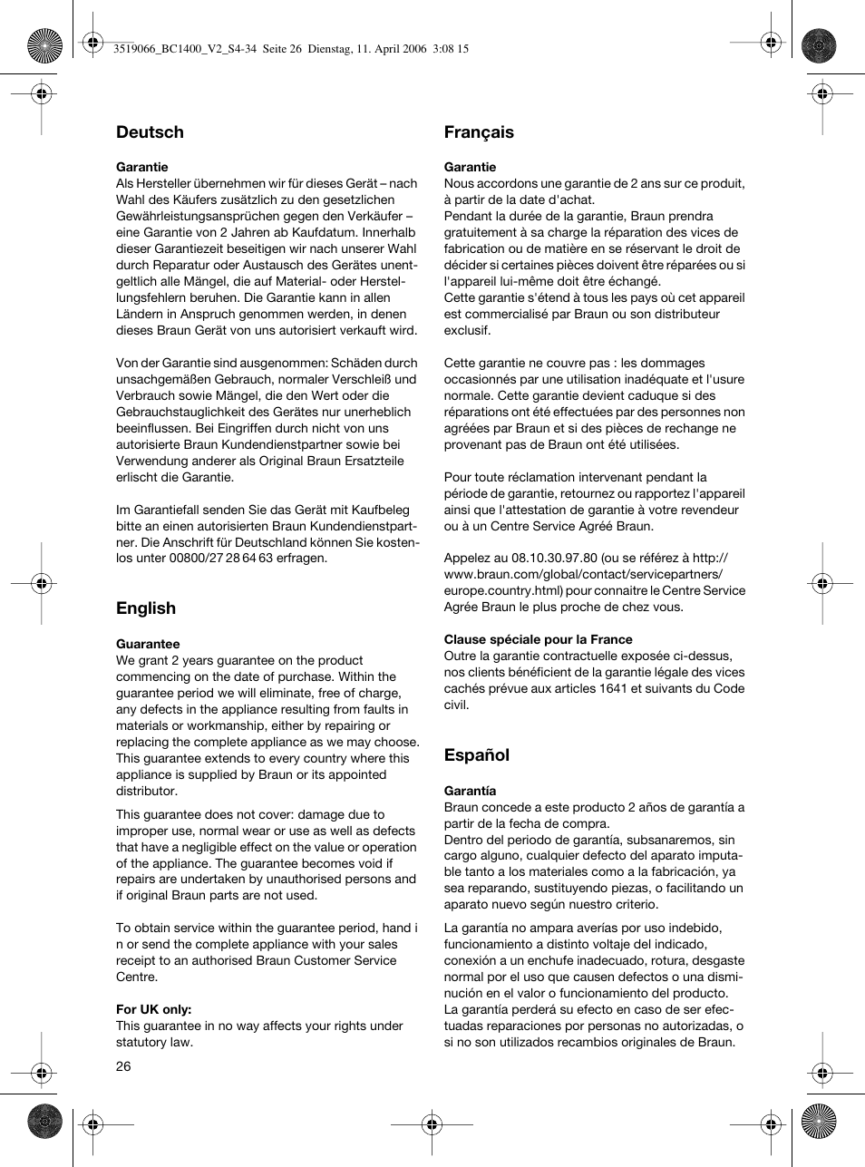 Braun BC1400 V2 User Manual | Page 26 / 34