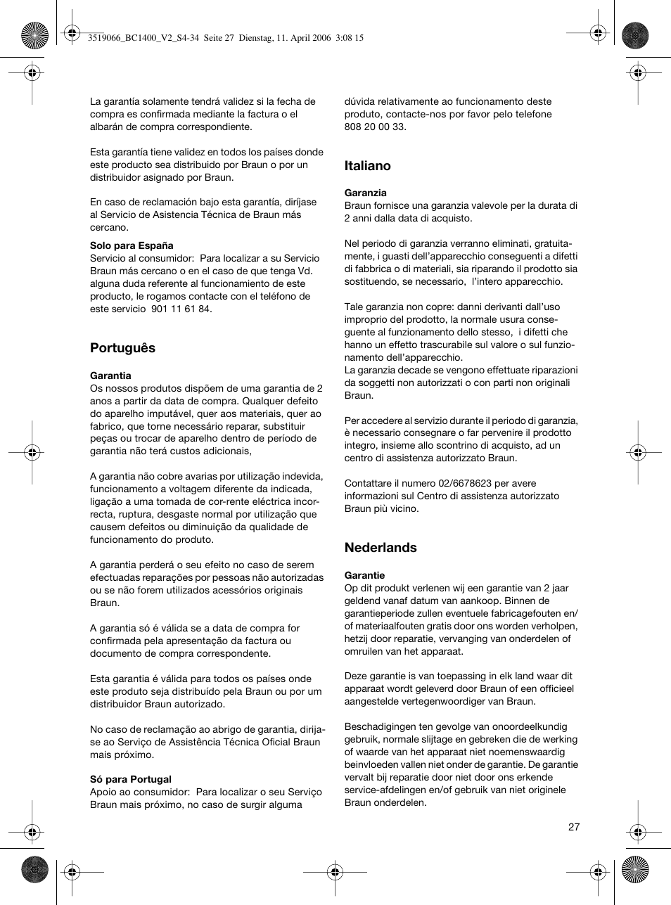 Português, Italiano, Nederlands | Braun BC1400 V2 User Manual | Page 27 / 34