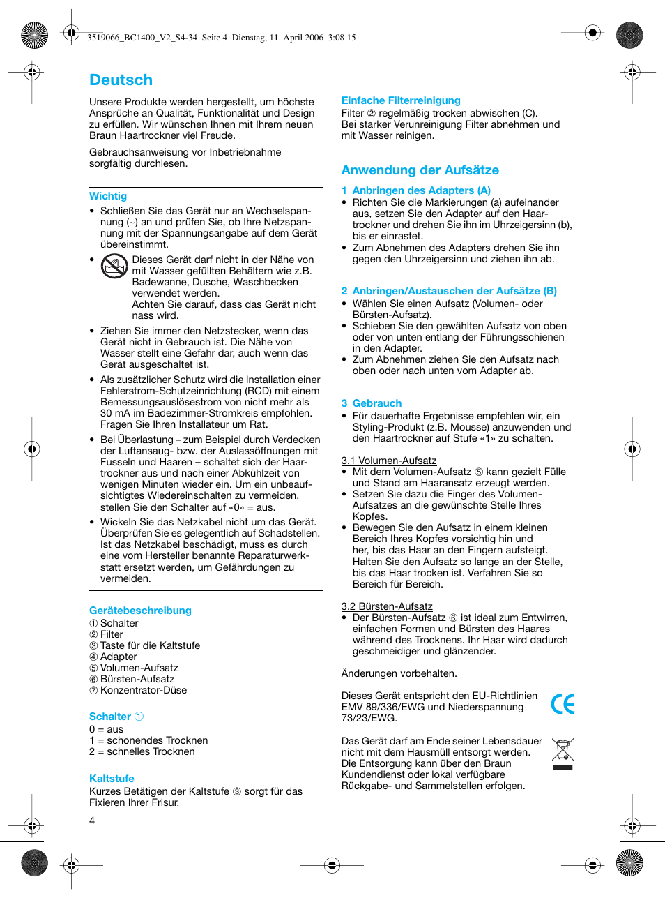 Deutsch | Braun BC1400 V2 User Manual | Page 4 / 34