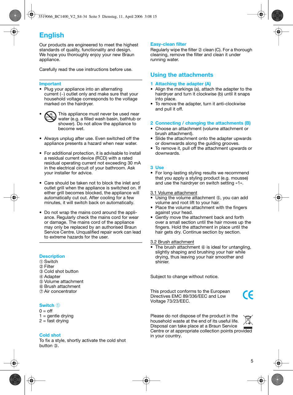 English | Braun BC1400 V2 User Manual | Page 5 / 34